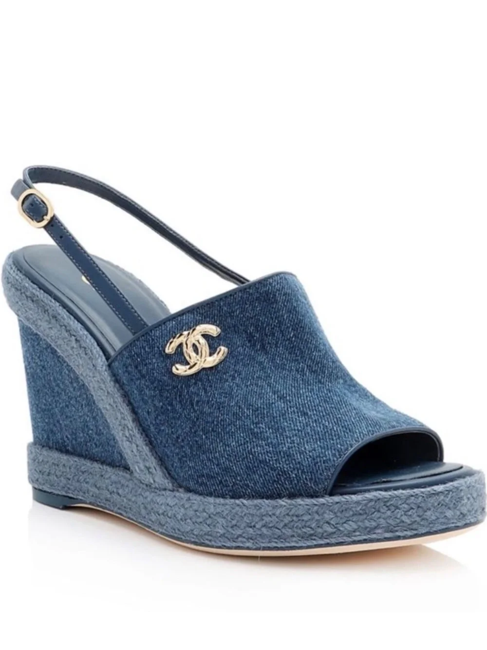 Chanel Washed Denim CC Wedge Sandals - Size 37 EU